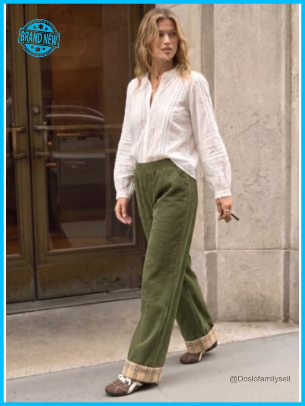 Corduroy Wide Leg Pants High Rise Elastic Waist Casual with Pockets - Picture 2 of 6